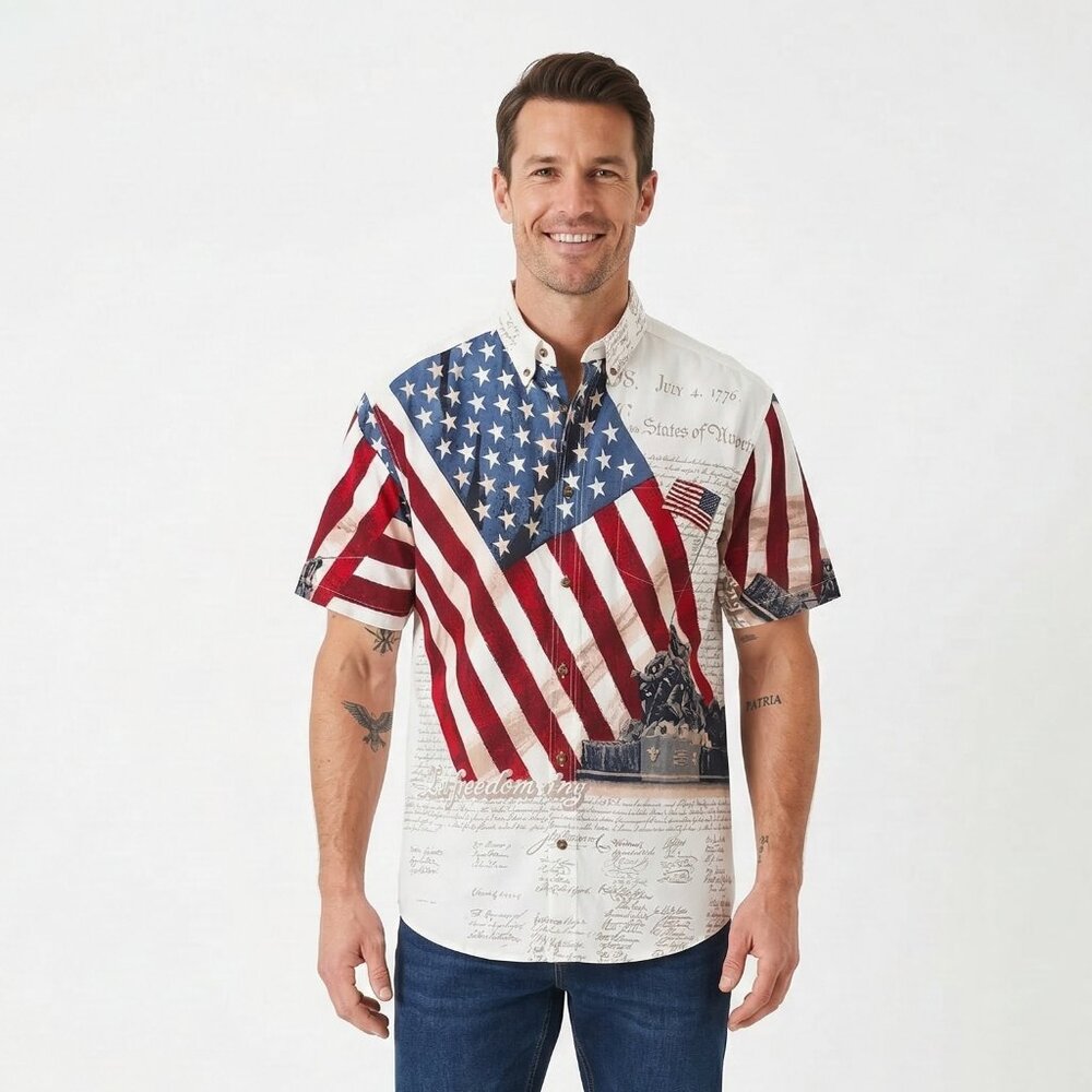 Cotton Traders Sport Shirt Men's Button Americana Patriot Constitution Flag L